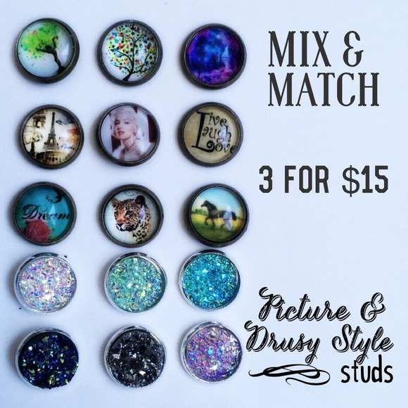 3 for 15🎀chunky Aqua Drusy style gold studs - Picture 5 of 7