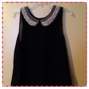 Black Sheer Top with Beaded Collar