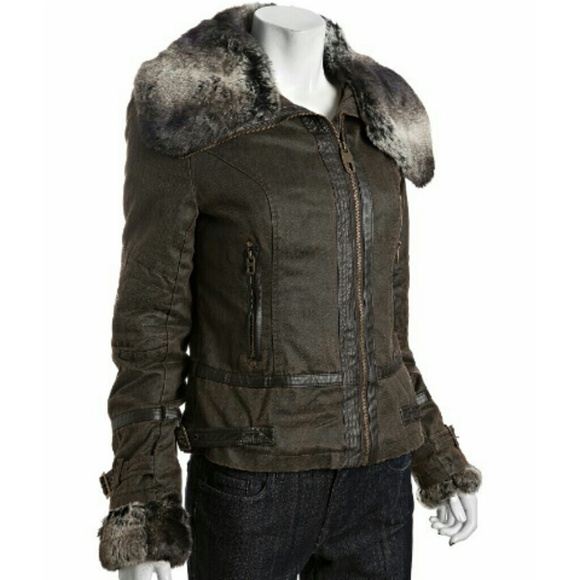 Miss Sixty coated cotton faux fur trim zip coat
