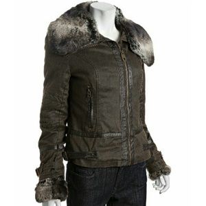Miss Sixty coated cotton faux fur trim zip coat