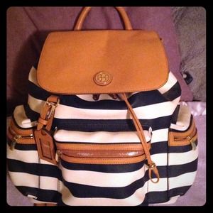 Tory Burch Beige Kerrington Backpack blue white