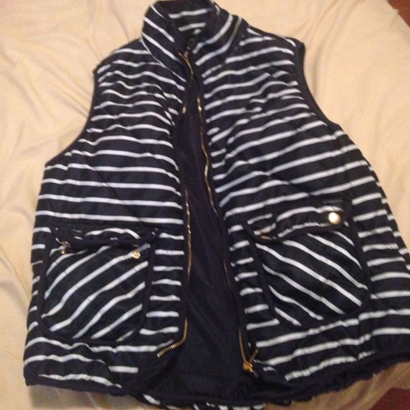 Navy and white striped puffer vest