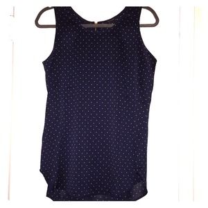 Navy blue w/ white polka dots silk tank top.