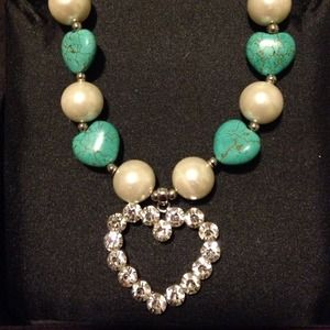 Turquoise and pearl heart necklace