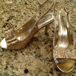Gold sequin peep toe sling-back heels ONLY WORN 1x