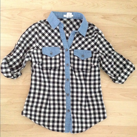 PLAID BUTTON UP WITH DENIM TRIM