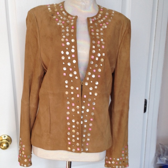 Suede jacket with color bottoms trimming. - Picture 1 of 4
