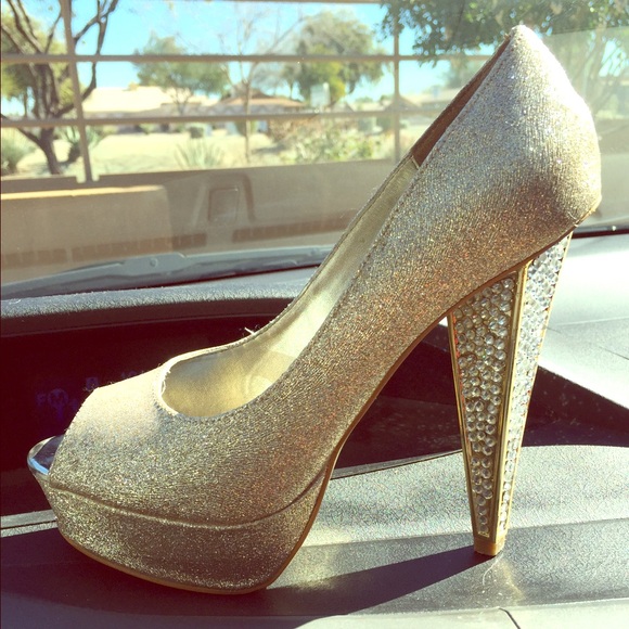 bebe Shoes - Bebe champagne sparkly peep toe heels
