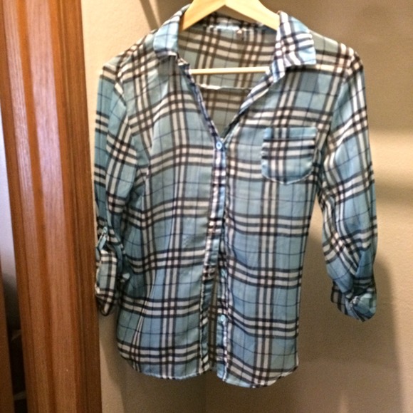 Light Sky Blue, Black, and White Plaid Top