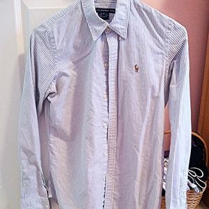 White and blue striped polo