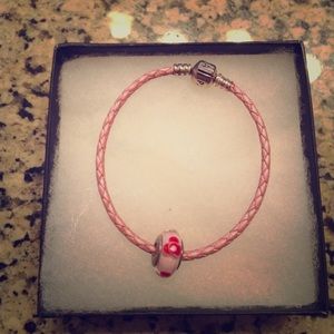 Pink leather pandora bracelet w/ murano glass ball
