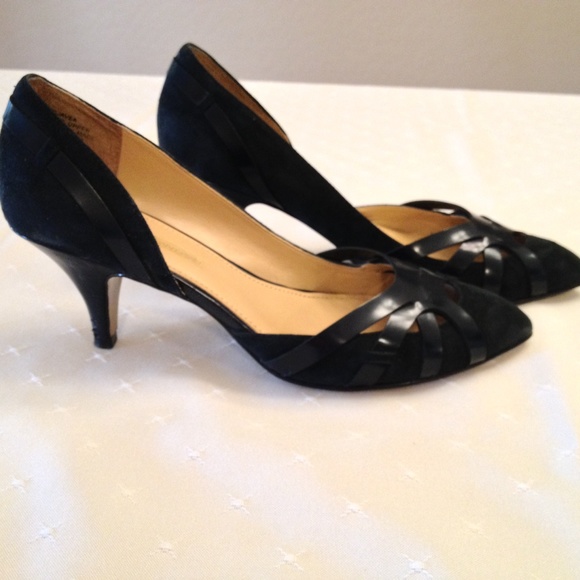 Navy suede and leather d'orsay pumps.