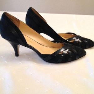 Navy suede and leather d'orsay pumps.