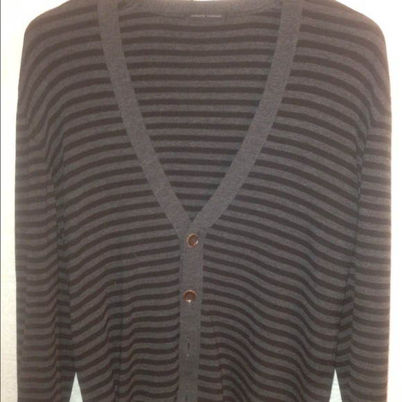Grey and black strip cardigan sweater.