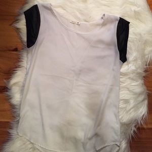 White blouse with faux leather sleeves