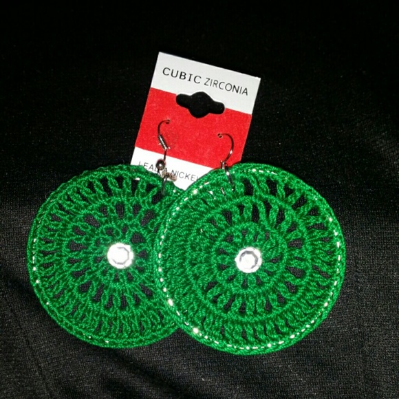 Green round crochet earrings