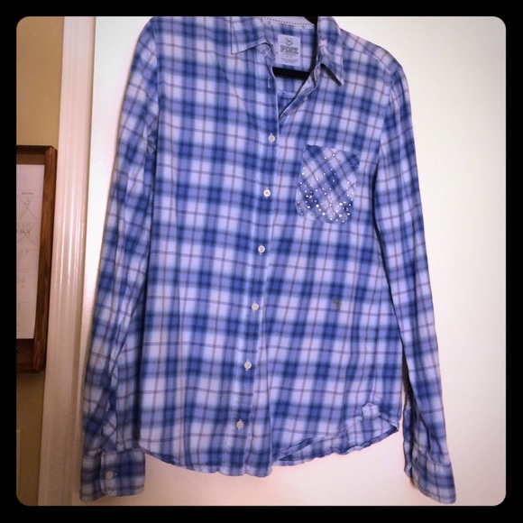 Blue "Pink" Flannel with Bedazzled Pocket