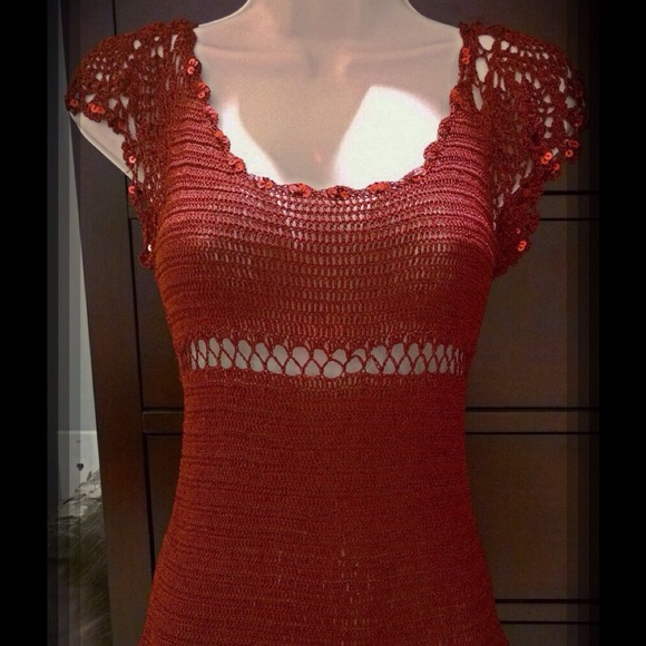 Dressy Red Silky Knit Top With Sequins - Picture 1 of 2