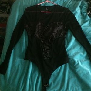 Long Sleeve Sheer Black Velvet Body Suit