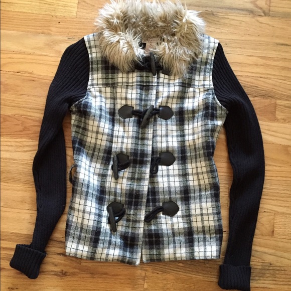 Plaid and fur button sweater