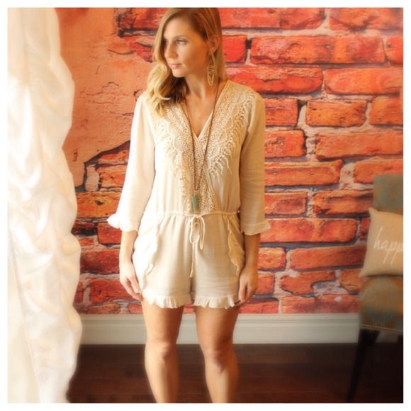 Pants - Cream crochet lace detail romper