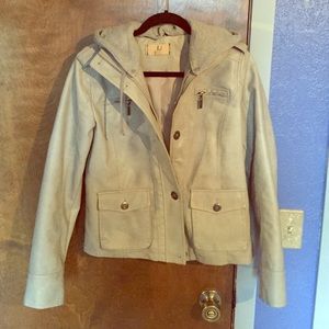 Dark gray leather jacket with hood