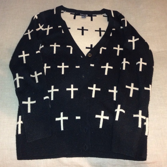 Black Cardigan sweater w/ cross print