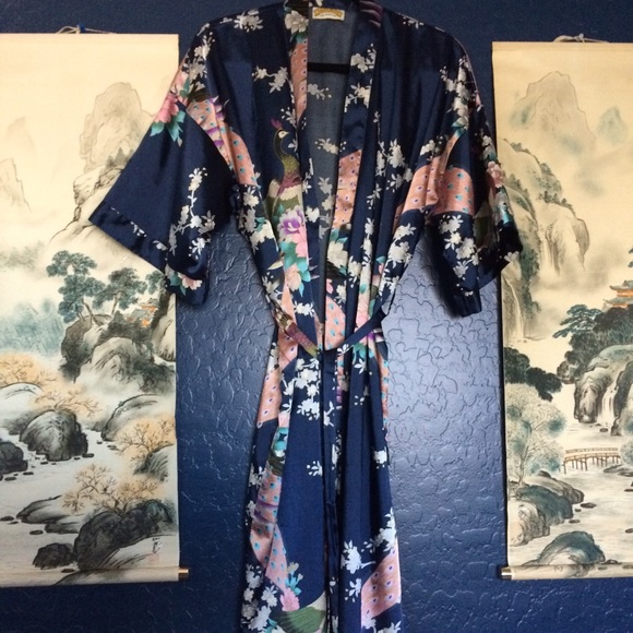 Silky navy blue kimono robe