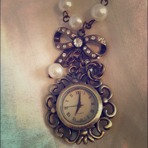 Pearl Watch  and Bronze Leaf Necklace BUNDLE