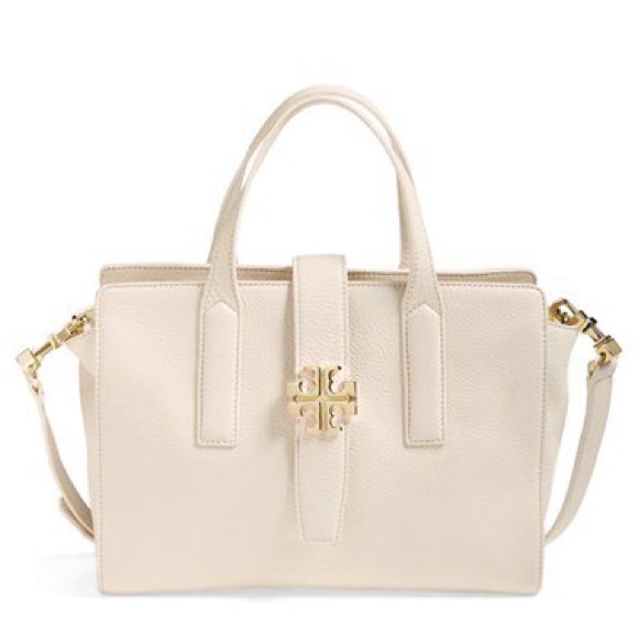 Tory Burch Handbags - Tory Burch Plaque Satchel Ivory Leather Crossbody