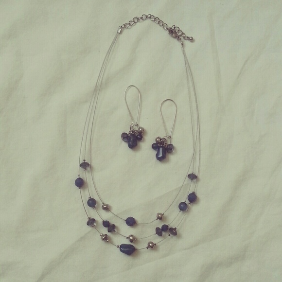 Silver and blue necklace and earring set