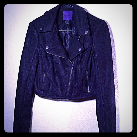 Cropped black lace moto jacket