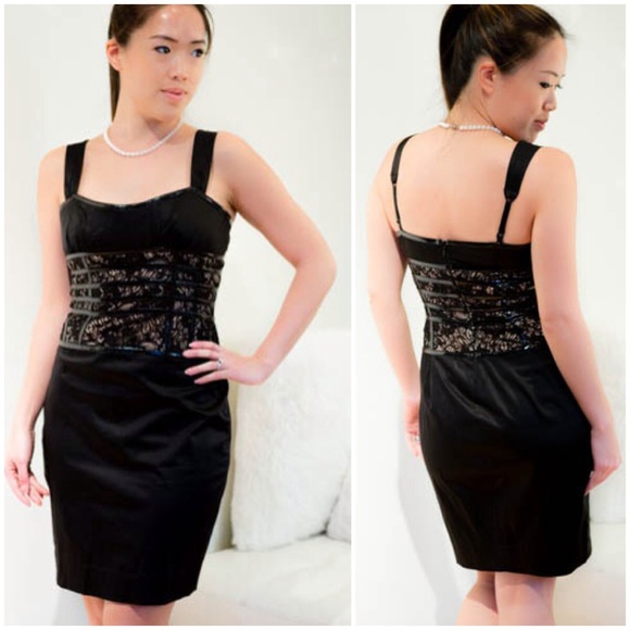BEBE corset lace-lined black satin dress