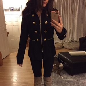 Black peplum style jacket with gold buttons