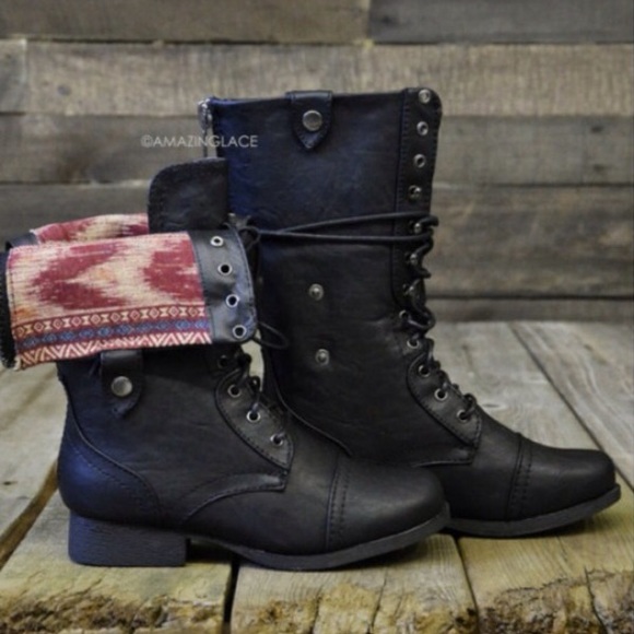 tribal black combat boots