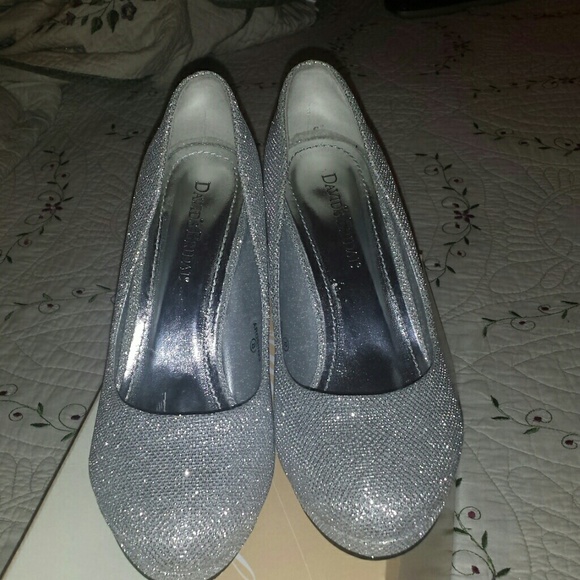 silver high heels David's bridal