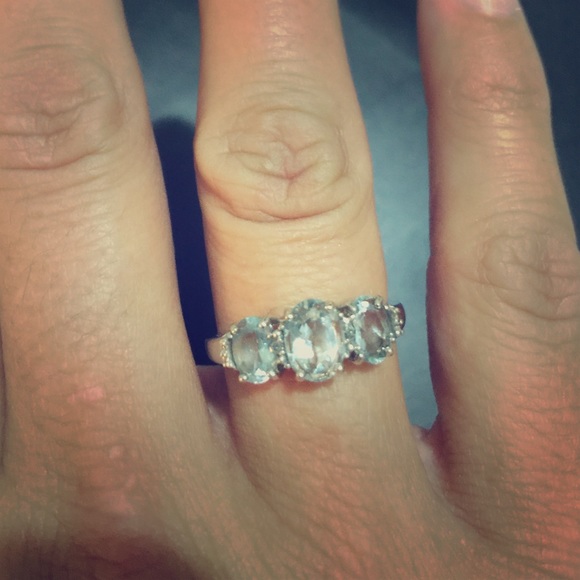3 stone aquamarine ring, 10k white gold.