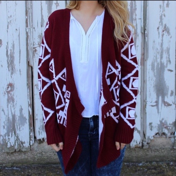 Burgundy/Maroon Aztec Open Cardigan - Picture 2 of 4