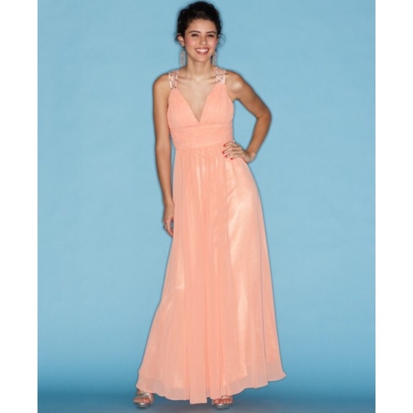 Peach Rhinestone Cutout Low Back Gown - Picture 1 of 3