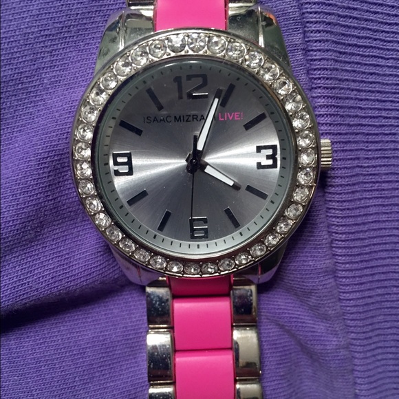 Isaac mizrahi pink and silver watch with crystals