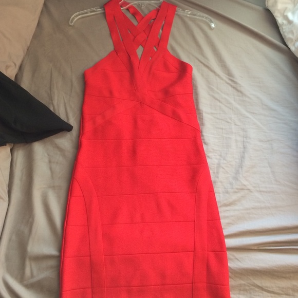 Sexy CHERRY RED BEBE BODYCON DRESS - Picture 1 of 4