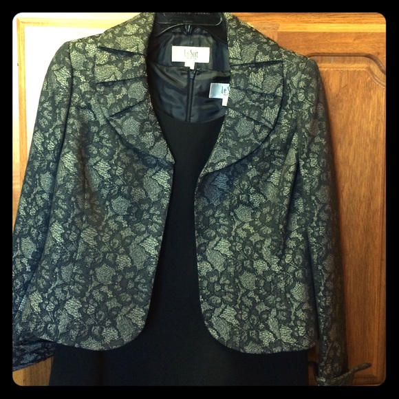 Black dress with grey and black floral jacket