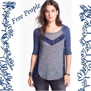 Free People Blue and Gray Lace Shirt