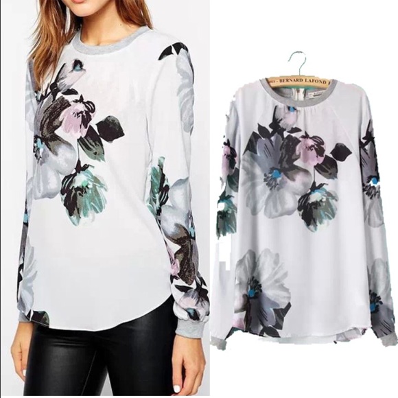 Zara style ink floral long sleeve top shirt