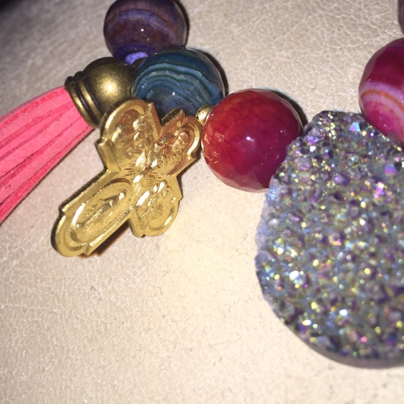 SOLD Polished lg stone bracelet catholic charm - Picture 2 of 4