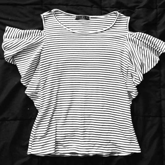 Black and White Striped Cold-Shoulder Top