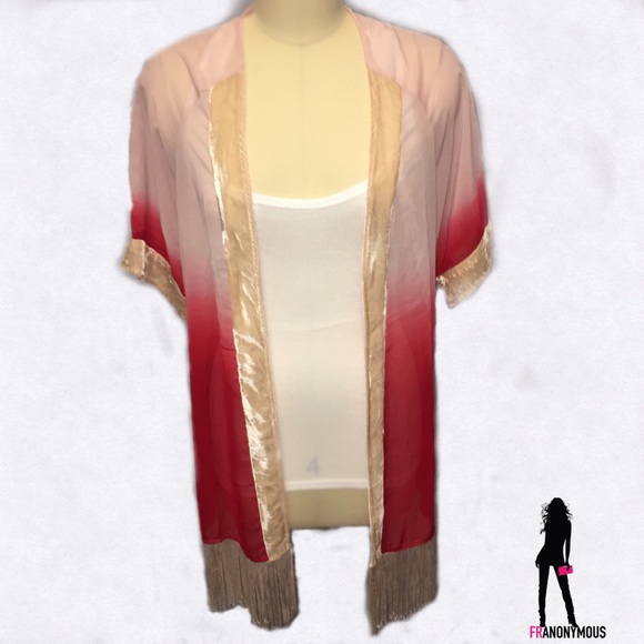 Jackets & Blazers - Fringed Velvet Trimmed Kimono Jacket  M