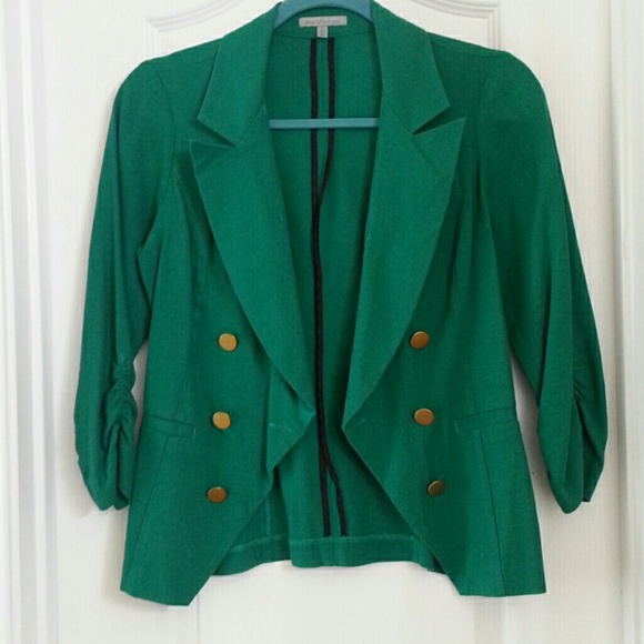 Green linen Blazer with gold buttons.