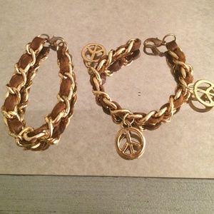 Gold chain and brown leather bracelet set