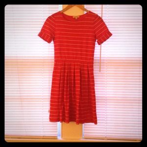 Anthropologie Bordeaux Scalloped Stripes red dress